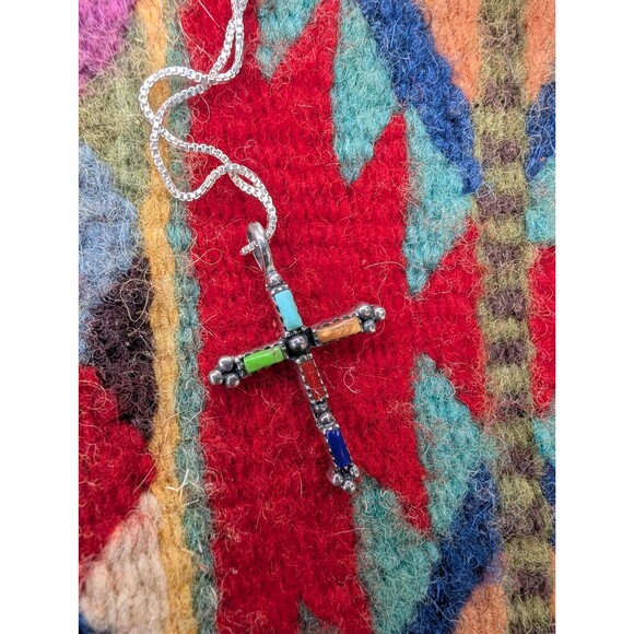 Vintage Sterling Southwestern Inlay Cross Necklace: Religious Gift - Picture 1 of 14
